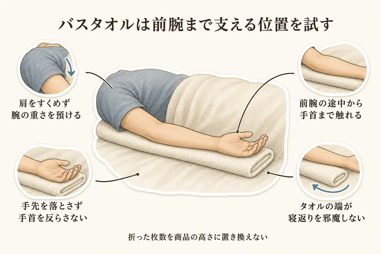 仰向けで肩から前腕の下に折ったバスタオルを置き、肩をすくめず腕の重さを預け、前腕の途中から手首まで触れ、手先を落とさず手首を反らせず、タオルの端が寝返りを妨げないかを確認する図。折った枚数を商品の高さに置き換えないよう示している。