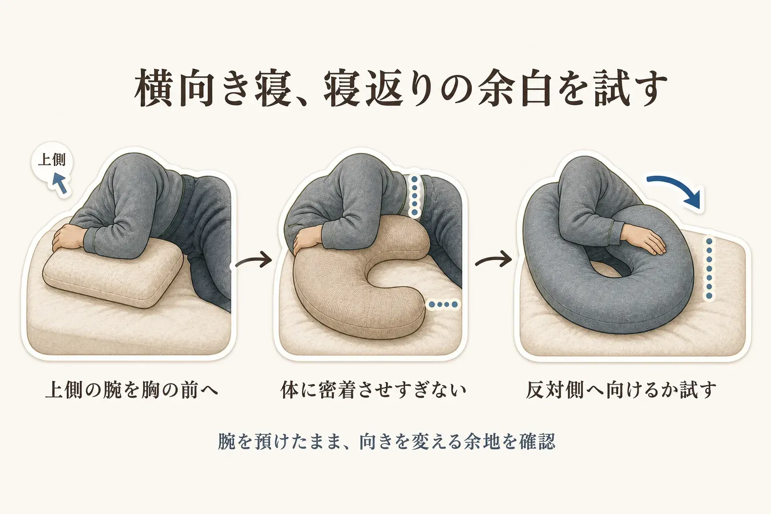 痛む側を上にした横向き寝で、上側の腕を胸の前の抱き枕に預け、体に密着させすぎず、腕を預けたまま反対側へ向ける余白を確認する手順図。