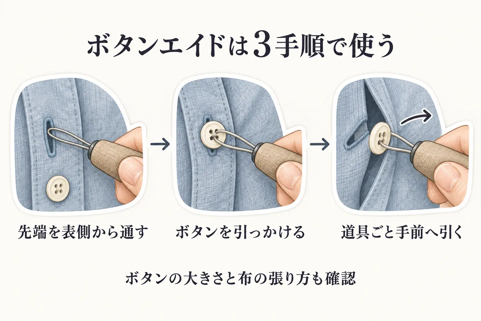 ボタンエイドの先端をボタン穴へ通し、ボタンに引っかけて手前へ引き抜く、シャツのボタンを留める3段階の手順図。