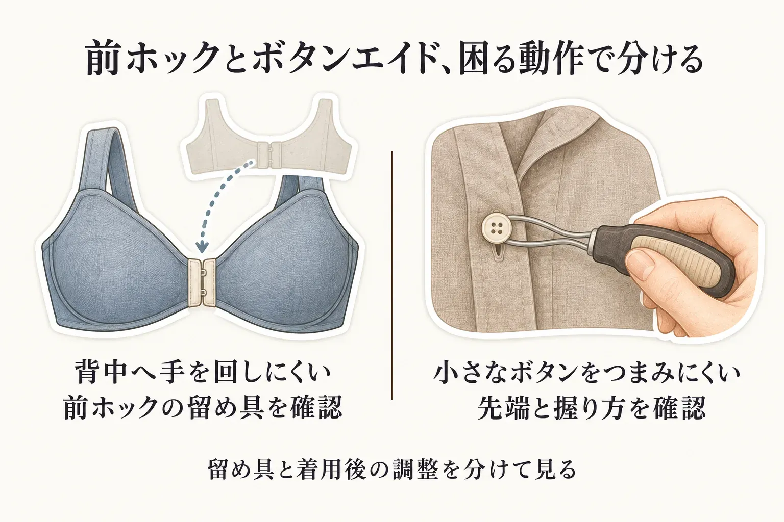 前ホックブラは体の前でホックを留めて背中へ手を回す動作を減らし、ボタンエイドはシャツのボタン穴で先端を使う、それぞれの留め具の役割を並べた比較図。