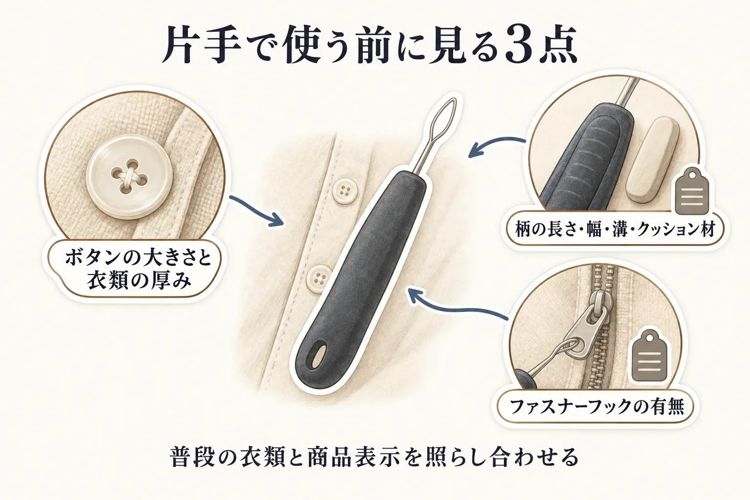 片手で着替える前に確認する、前ホックブラの留め位置・サイズ・肩ひもの調整、ボタンエイドのボタンの大きさ・布の安定・ファスナー対応・携帯性を示すチェックリスト図。