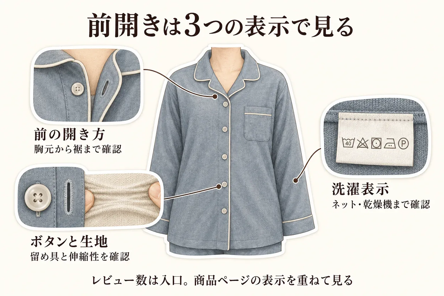 前開きパジャマを選ぶとき、胸元から裾までの前の開き方、ボタンなどの留め具と生地の伸縮性、洗濯表示と洗濯ネット・乾燥機の可否を確認する3項目を、前ボタンのパジャマと洗濯表示のイラストで示す図。出典：本文の確認項目より