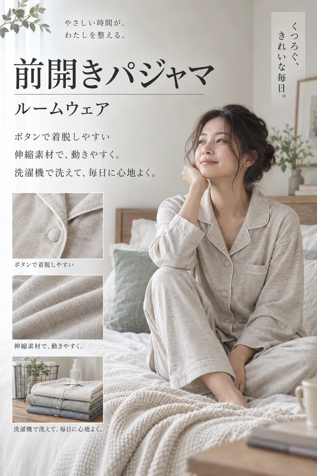 前開きパジャマ・ルームウェアのボタン、伸縮素材、洗濯機で洗えることを、着用中のパジャマ、ボタンと生地の拡大、畳んだ衣類のイラストで示す図。出典：本文の「洗濯のしやすさ」の確認項目より