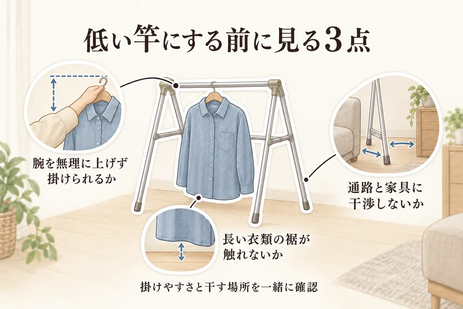 低い竿にする前に、腕を無理に上げず洗濯物を掛けられるか、長い衣類の裾が床に触れないか、物干しが通路や家具に干渉しないかを確認する3点を示した図。