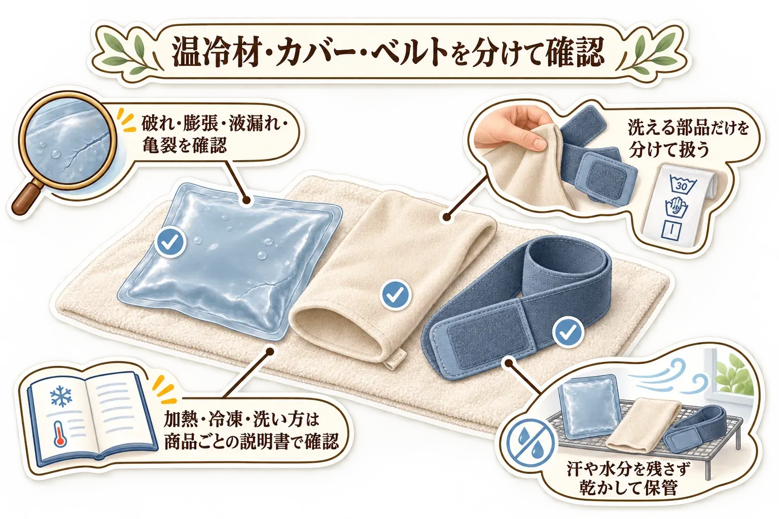 温冷材、カバー、ベルトを分けて確認する手入れの図。温冷材は破れ・膨張・液漏れ・亀裂を確認し、汗や水分を残さず乾かして保管し、カバーやベルトは洗える部品だけを分けて扱う。加熱・冷凍・洗い方は商品ごとの説明書で確認するよう示している。