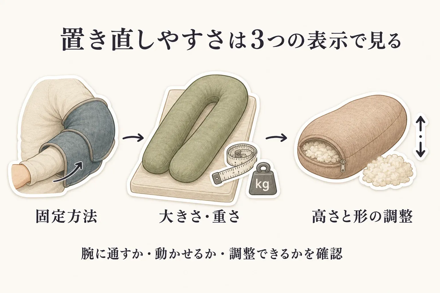 置き直しやすさを、腕に通すかを示す固定方法、大きさと重さ、高さと形を調整できるかの3つの表示で確認する図。腕に通す・動かせる・調整できるかを確認するよう示している。