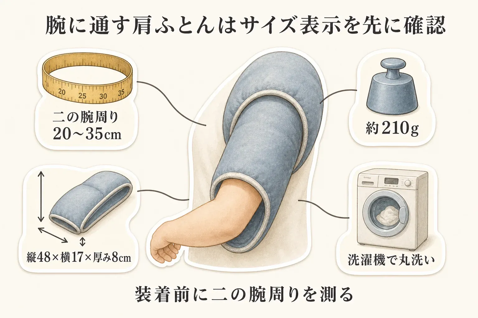 腕に通す肩ふとんの仕様を示す図。二の腕周り20〜35cm、縦48×横17×厚み8cm、重量約210g、洗濯機で丸洗い可能と表示され、装着前に二の腕周りを測るよう案内している。