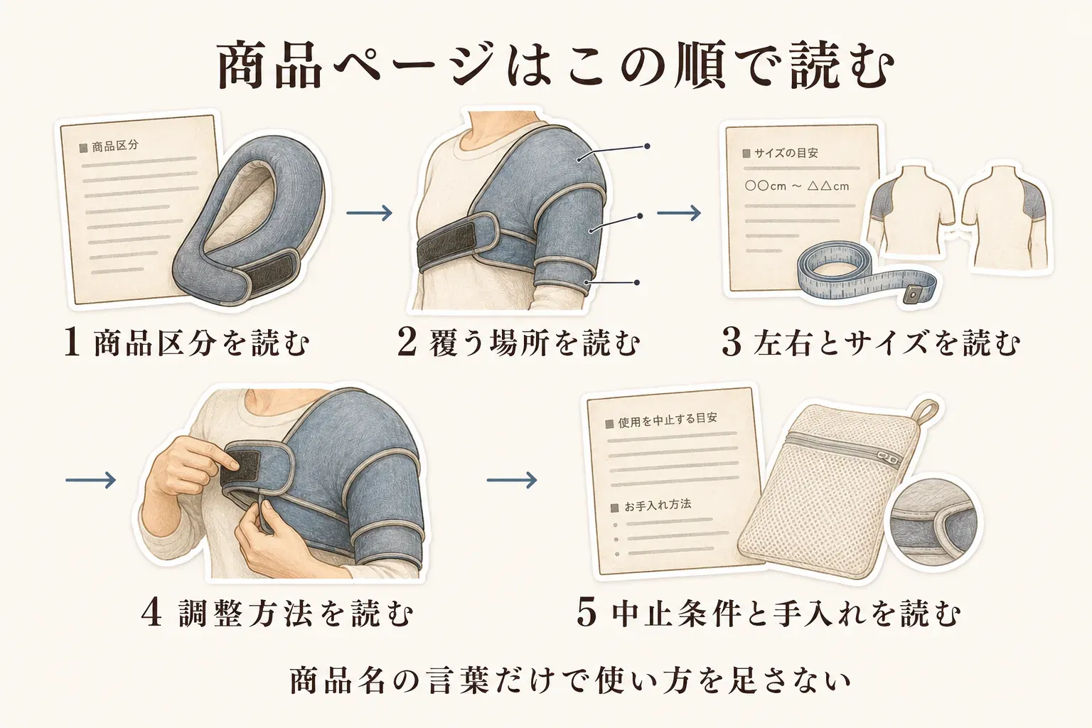 商品ページを読む5手順として、商品区分、覆う場所、左右とサイズ、調整方法、中止条件と手入れを順に確認し、商品名の言葉だけで使い方を補わないことを示した図