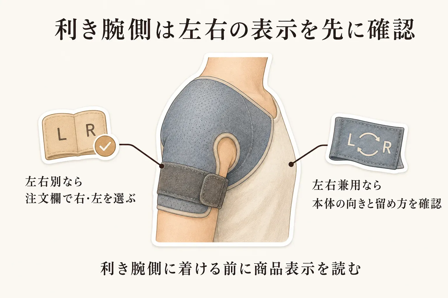 利き腕側に肩サポーターを着ける前の確認手順を示す図。左右別の商品は注文欄で右・左を選び、左右兼用の商品は本体の向きとベルトの留め方を確認する。