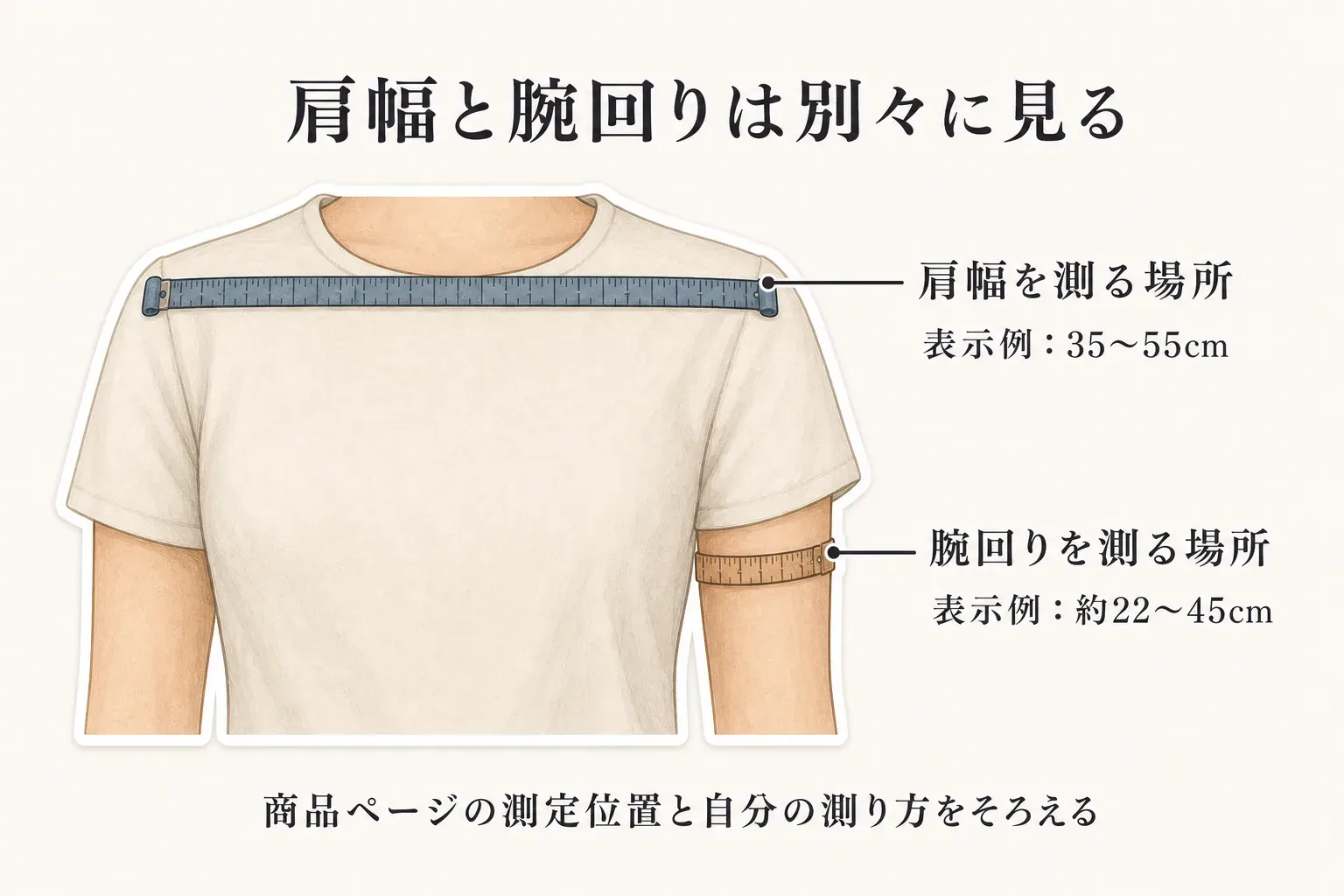 肩幅は両肩の端の間を横に測り、腕回りは上腕を一周して測る位置を、メジャーを当てた人物で示した図。肩幅の表示例は35〜55cm、腕回りの表示例は約22〜45cm。