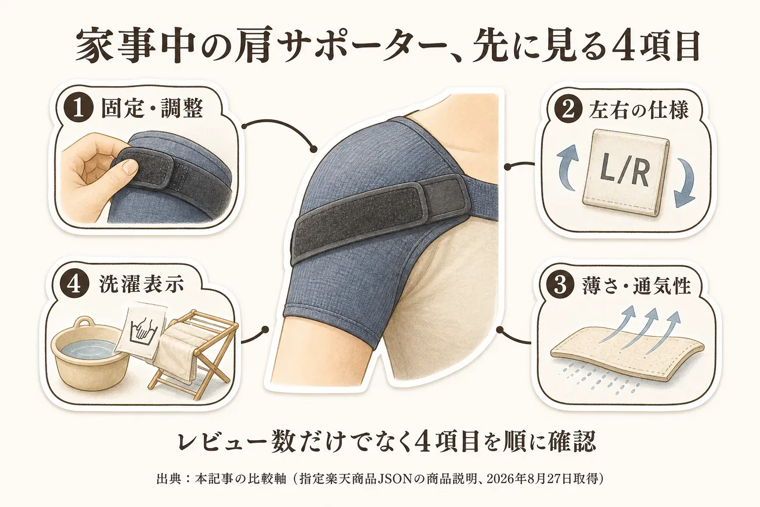 家事中の肩サポーターで先に確認する4項目として、面ファスナーでの固定・調整、左右の仕様、薄さ・通気性、洗濯表示を、装着した肩サポーターとともに示した図。出典：本記事の比較軸（指定楽天商品JSONの商品説明、2026年8月27日取得）