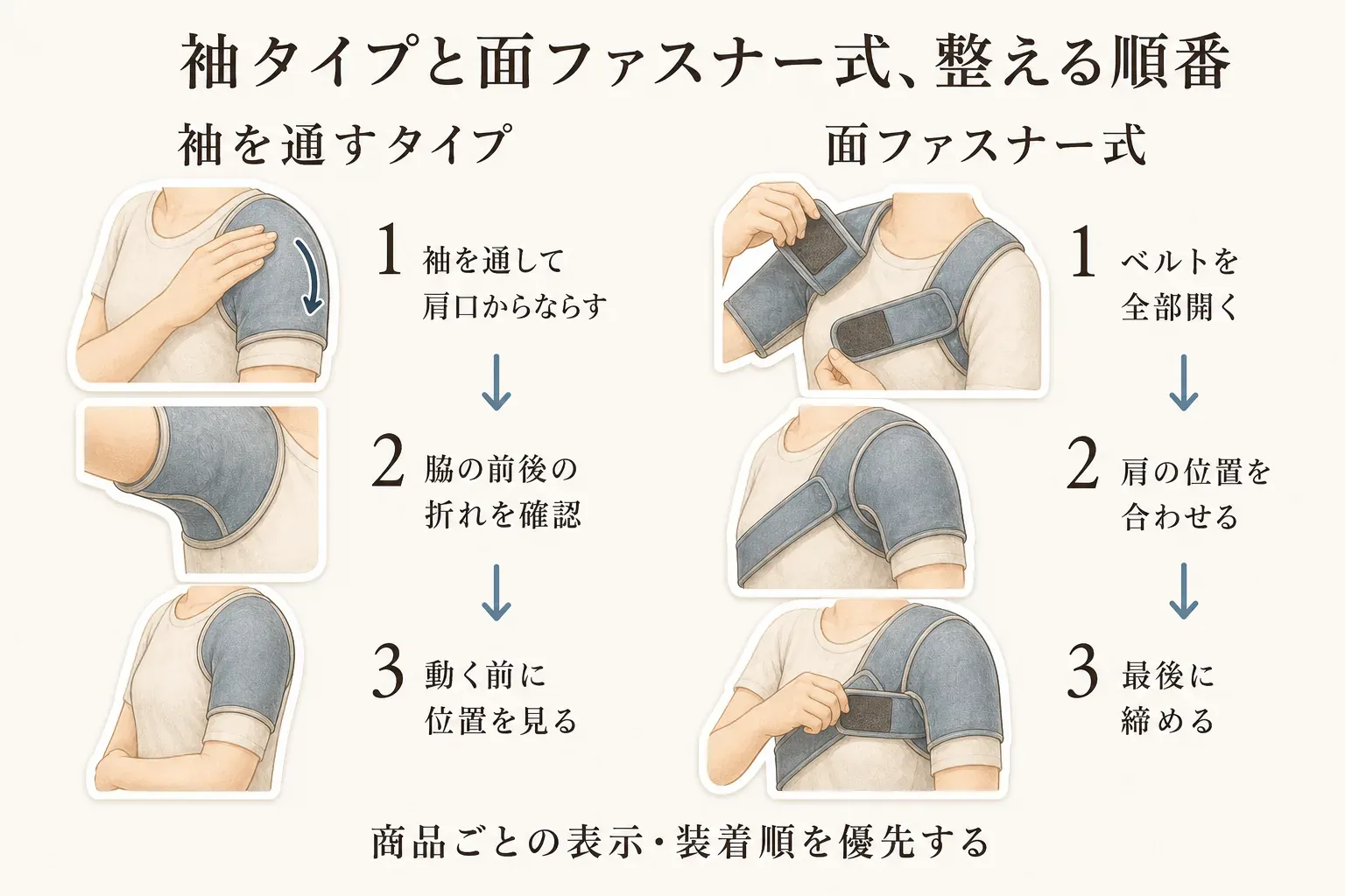 袖を通すタイプは、袖を通して肩口からならし、脇の前後の折れを確認してから動く前に位置を見る順番、面ファスナー式は、ベルトを全部開き、肩の位置を合わせ、最後に締める順番を並べて示した図。出典：本記事の装着手順