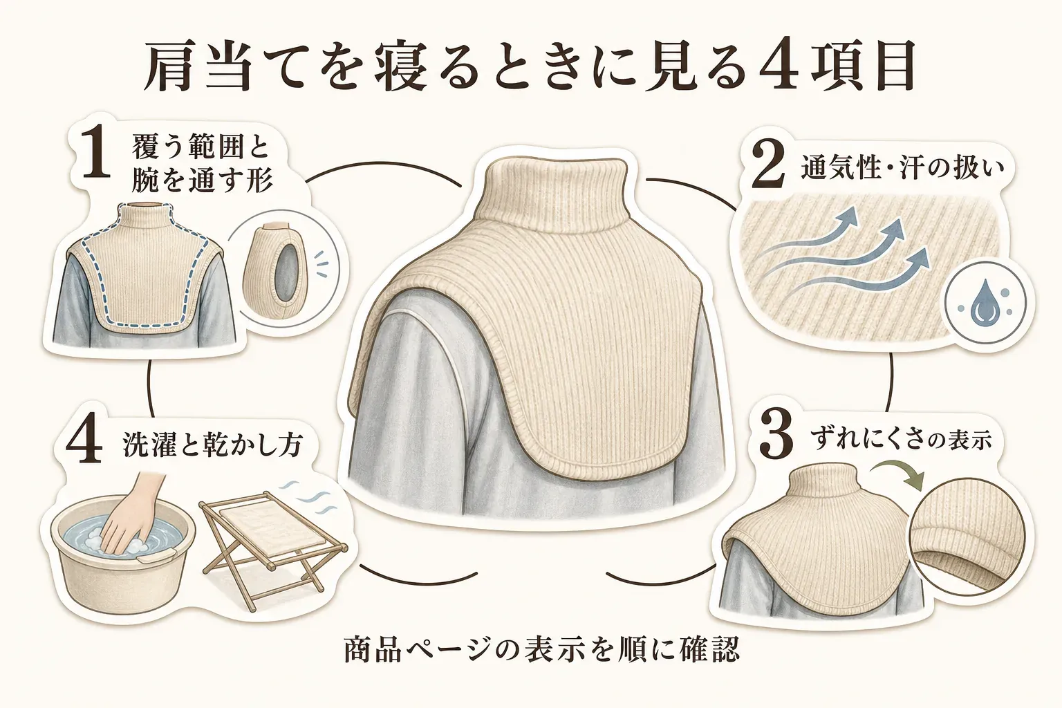 肩当てを寝るときに確認する4項目として、覆う範囲と腕を通す形、通気性・汗の扱い、ずれにくさの表示、洗濯と乾かし方を肩当てのイラストとともに示した図