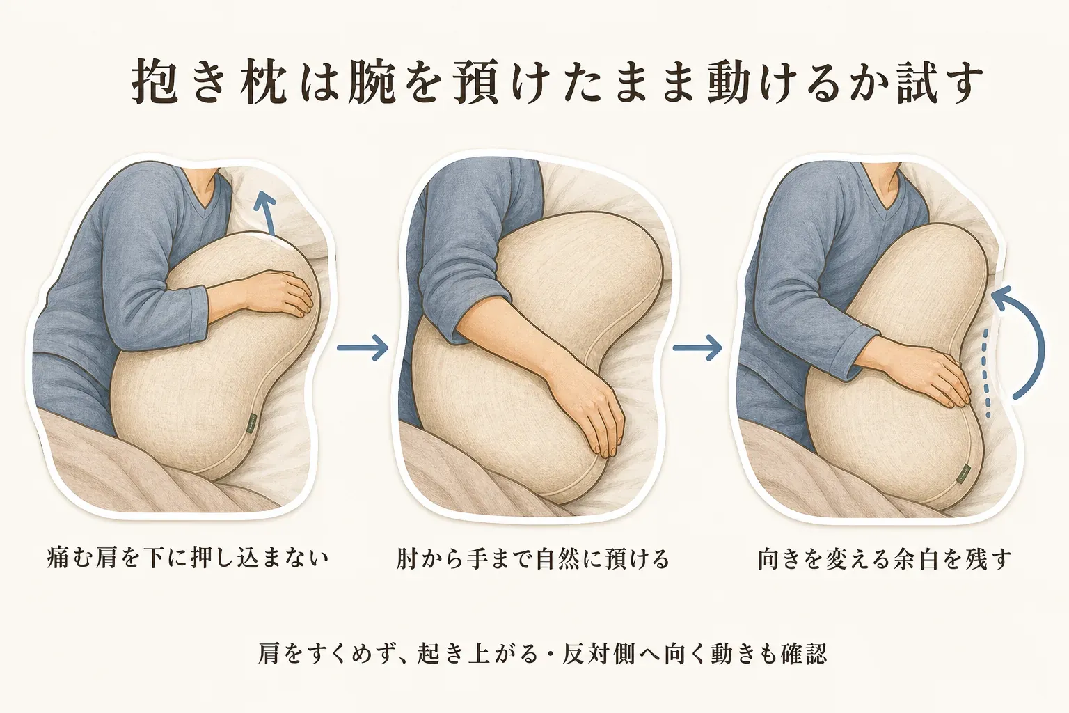抱き枕を使う横向き寝で、痛む肩を下に押し込まない、肘から手までを自然に預ける、向きを変える余白を残すという3つの確認を示す図。肩をすくめず、起き上がる・反対側へ向く動きも確認するよう案内している。