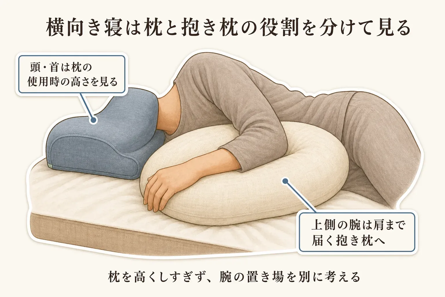 横向き寝で、頭と首は使用時の高さを確認した枕で支え、上側の腕は肩まで届く抱き枕に預ける役割分担を示す図。枕を高くしすぎず、腕の置き場を別に考えるよう案内している。