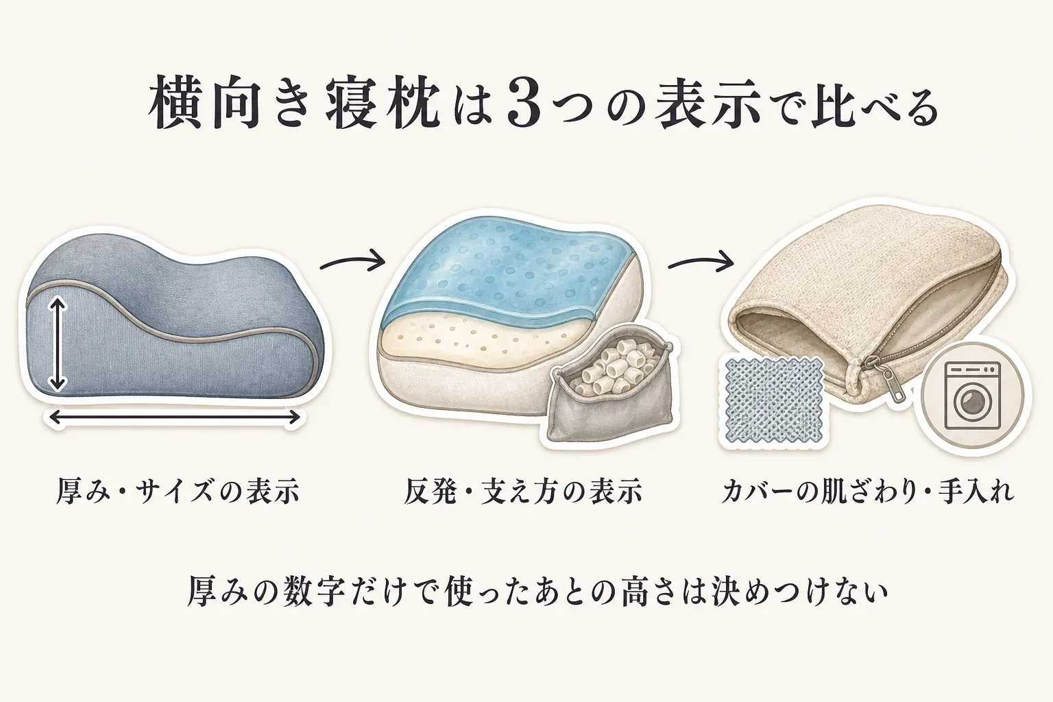 横向き寝枕を、厚み・サイズの表示、反発・支え方の表示、カバーの肌ざわり・手入れの3つで比べる図。厚みの数字だけで使用後の高さを決めつけないよう示している。