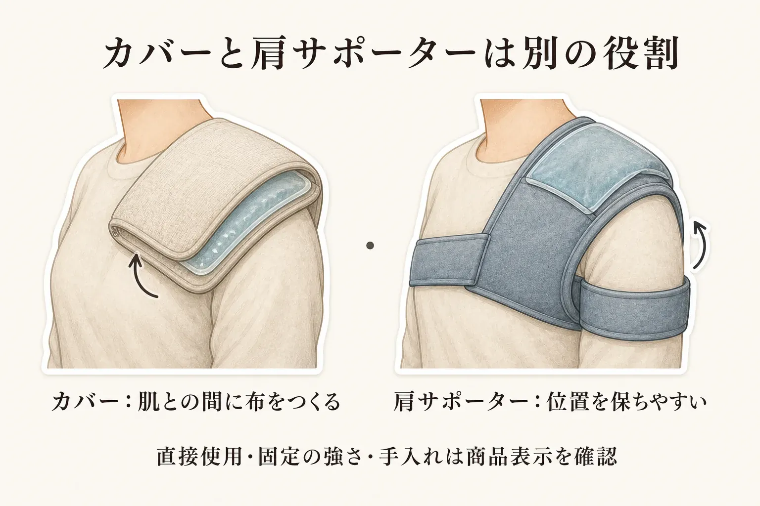 温冷パックのカバーは肌との間に布を作る役割、ポケットとベルトを備えた肩サポーターは温冷パックの位置を保ちやすい役割を示す比較図。直接使用の可否、固定の強さ、手入れは商品表示で確認するよう案内している。