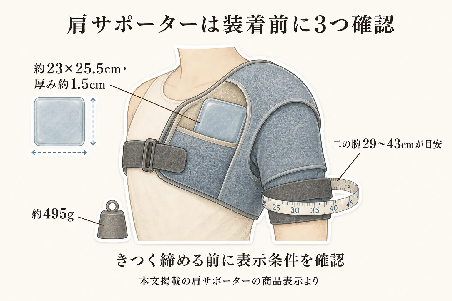 肩サポーターに温冷ジェルパックをポケットへ収めた状態を示し、パックは約23×25.5cm・厚み約1.5cm・約495g、二の腕は29〜43cmが目安と記す図。きつく締める前に商品表示のサイズ・重量条件を確認するよう案内している。出典：本文掲載の肩サポーターの商品表示。