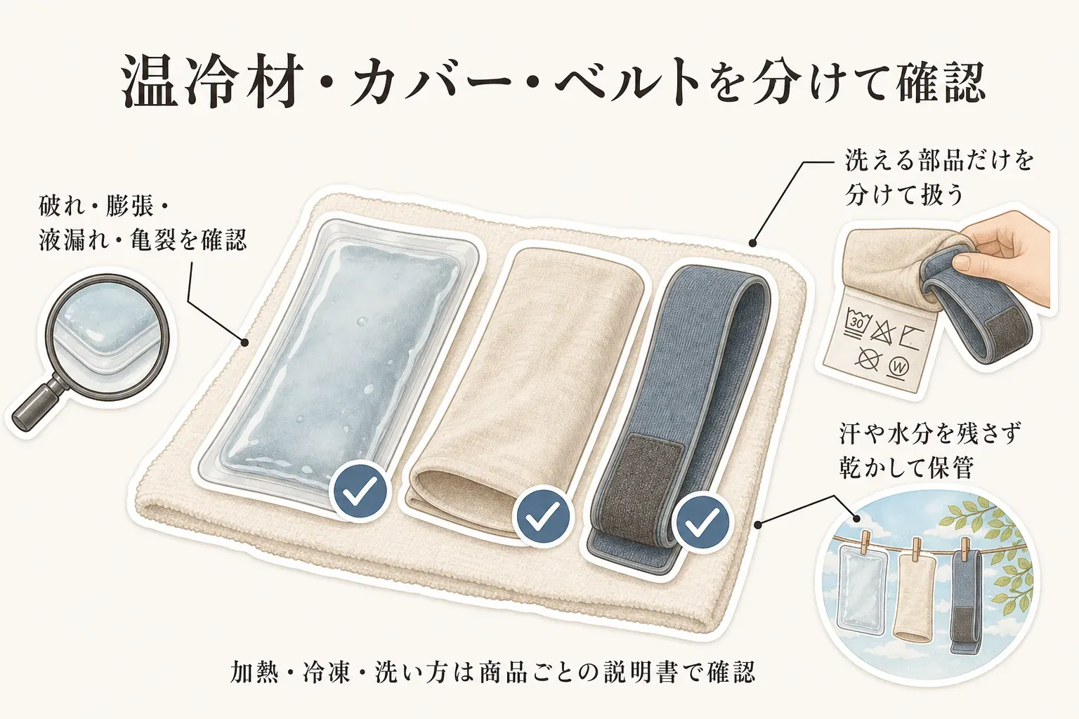 温冷材、カバー、ベルトを分けて確認する手入れの図。温冷材は破れ・膨張・液漏れ・亀裂を確認し、汗や水分を残さず乾かして保管し、カバーやベルトは洗える部品だけを分けて扱う。加熱・冷凍・洗い方は商品ごとの説明書で確認するよう示している。