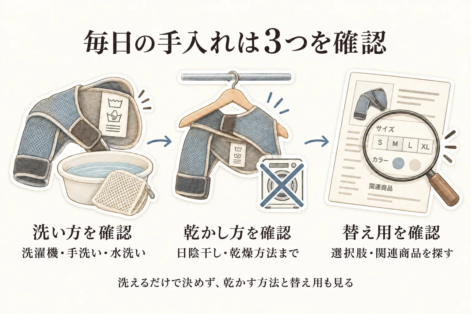 肩サポーターの毎日の手入れで確認する3項目を示す図。洗濯表示や洗濯ネットを見て洗い方を確認し、乾燥機不可などの表示と日陰干しを見て乾かし方を確認し、商品ページの選択肢や関連商品から替え用を確認する。出典：本文の「替え用や交換パーツ」の確認項目より